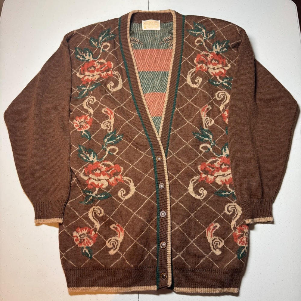 Vintage Cottagecore Floral Virgin Wool Cardigan M Brown Grandma Sweater Flawed